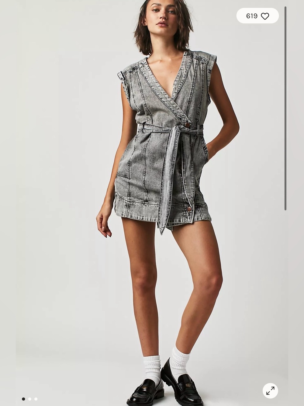 Free People Acid Wash Denim Wrap Dress Belted Utility Mini Dress Size S